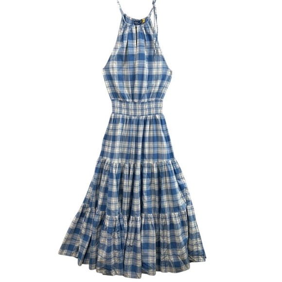 New Polo Ralph Lauren Dress Sz 6 Blue Plaid Smocked Halter Tiered Midi Cotton - Picture 2 of 13